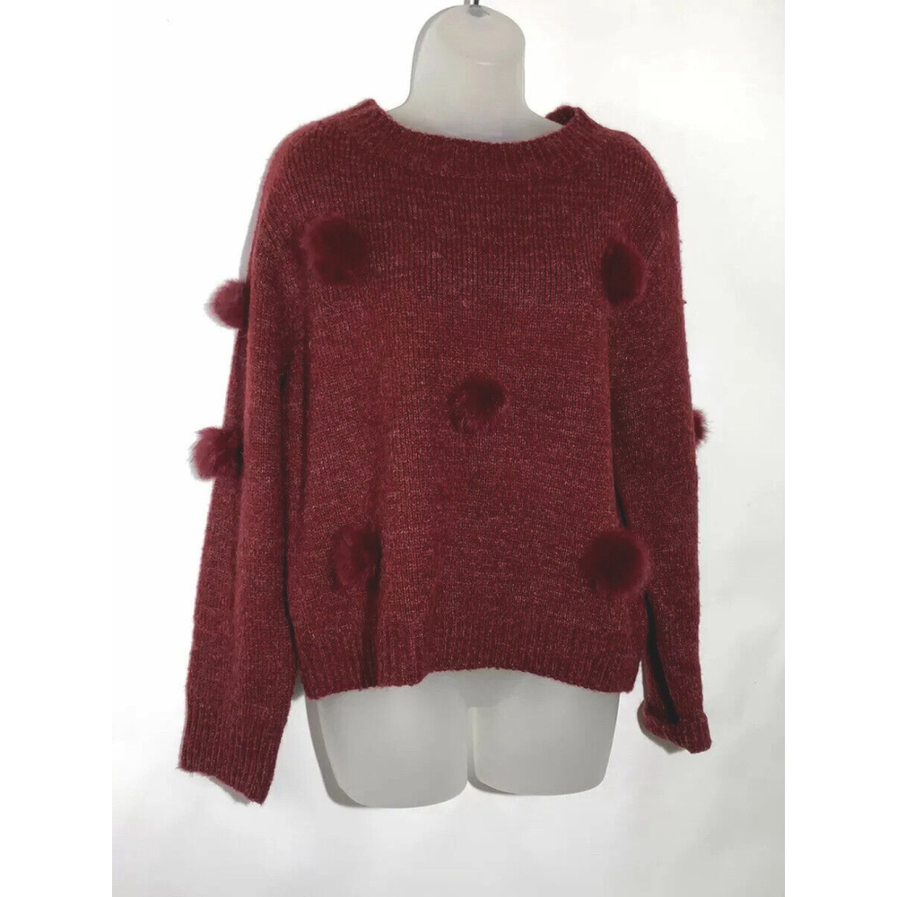 Michelle Nicole Wool Blend Sweater Rabbit Fur Pom Poms Burgundy Medium Oversized